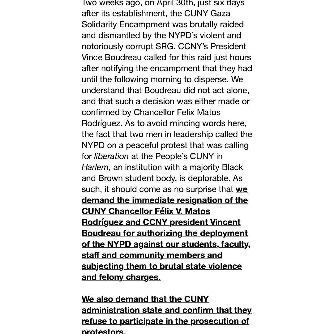 lianademasi's tweet photo. As a student and instructor at @CityCollegeNY I call on you @ChancellorCUNY to drop all charges against CGSE protestors and refuse to participate in prosecution. I also call on you to support the 5 Demands. #dropCUNYcharges https://t.co/H9nlJmHFb5