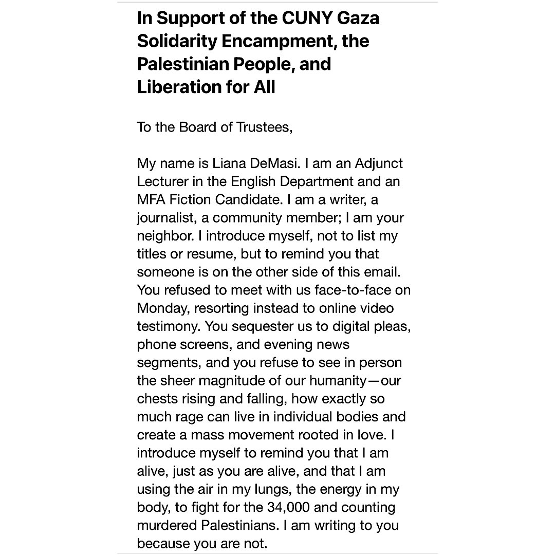 lianademasi's tweet photo. As a student and instructor at @CityCollegeNY I call on you @ChancellorCUNY to drop all charges against CGSE protestors and refuse to participate in prosecution. I also call on you to support the 5 Demands. #dropCUNYcharges https://t.co/H9nlJmHFb5