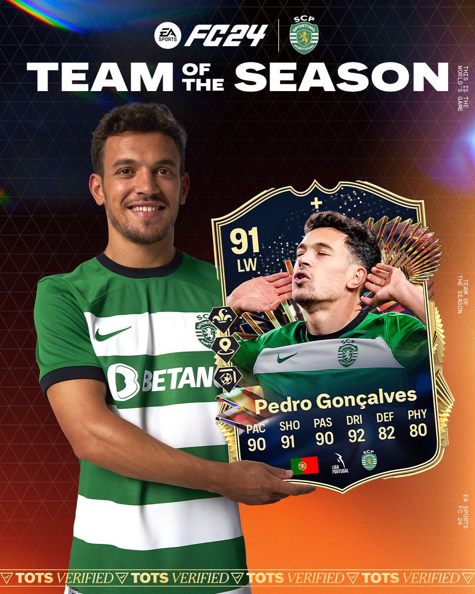 O nosso 🦁 Pedro Gonçalves marca presença na campanha #TOTS do #FC24 como Objective Player! 🙌 @EASPORTSFC