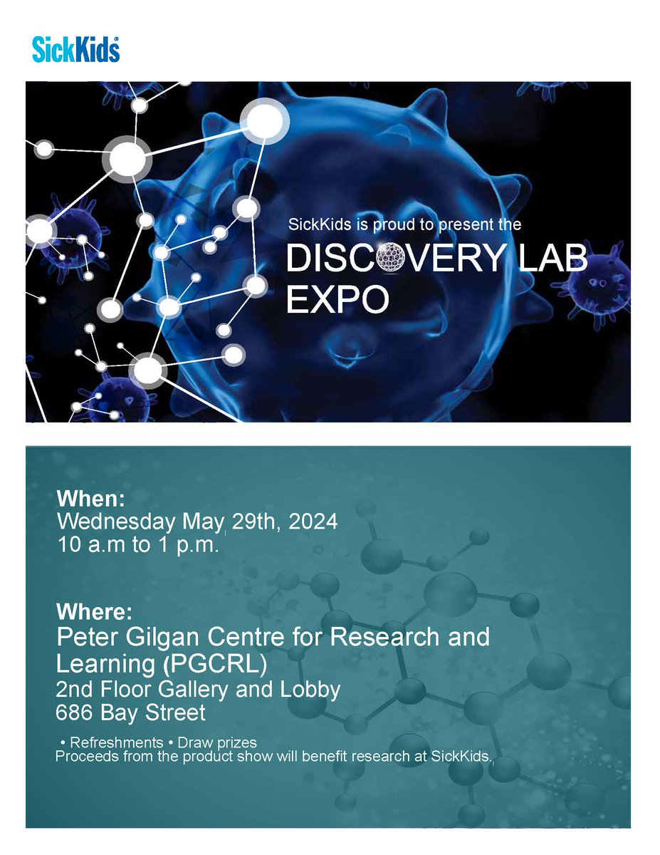 Meet numerous #BiomedicalResearch vendors at the SickKids PGCRL Discovery Lab Expo! This showcase offers researchers from #SKResearch and beyond the chance to view cutting-edge products & technologies. 📍Peter Gilgan Centre for Research and Learning 🗓️May 29, 10 a.m. to 1 p.m.