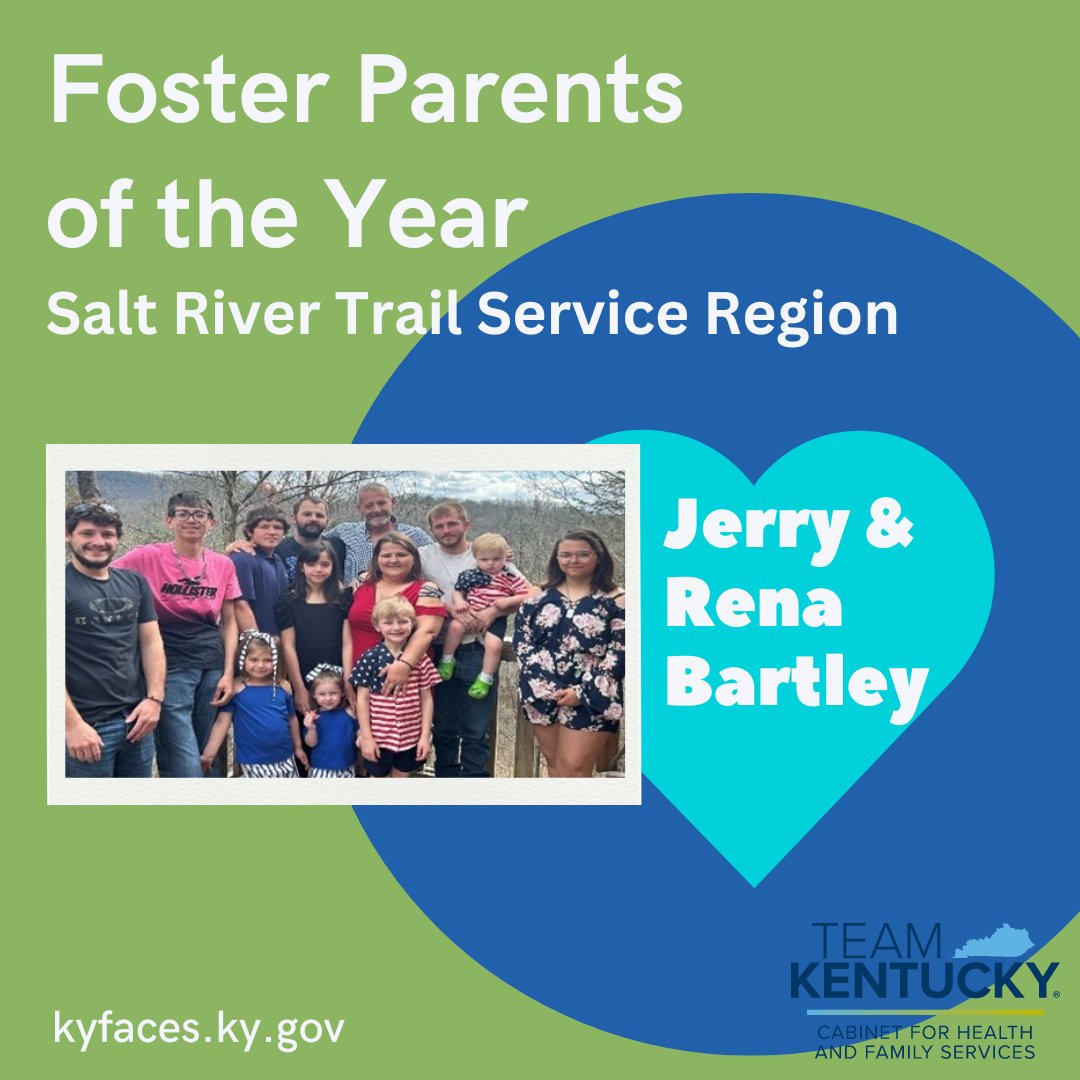 Congrats to Jerry & Rena Bartley, Salt River Trail Service Region Foster Parents, 2024! The Bartleys have fostered for 21 years, assisting 100s of placements. Read more at: tinyurl.com/4v2k6ny5. To learn more about being a foster parent, visit kyfaces.ky.gov.