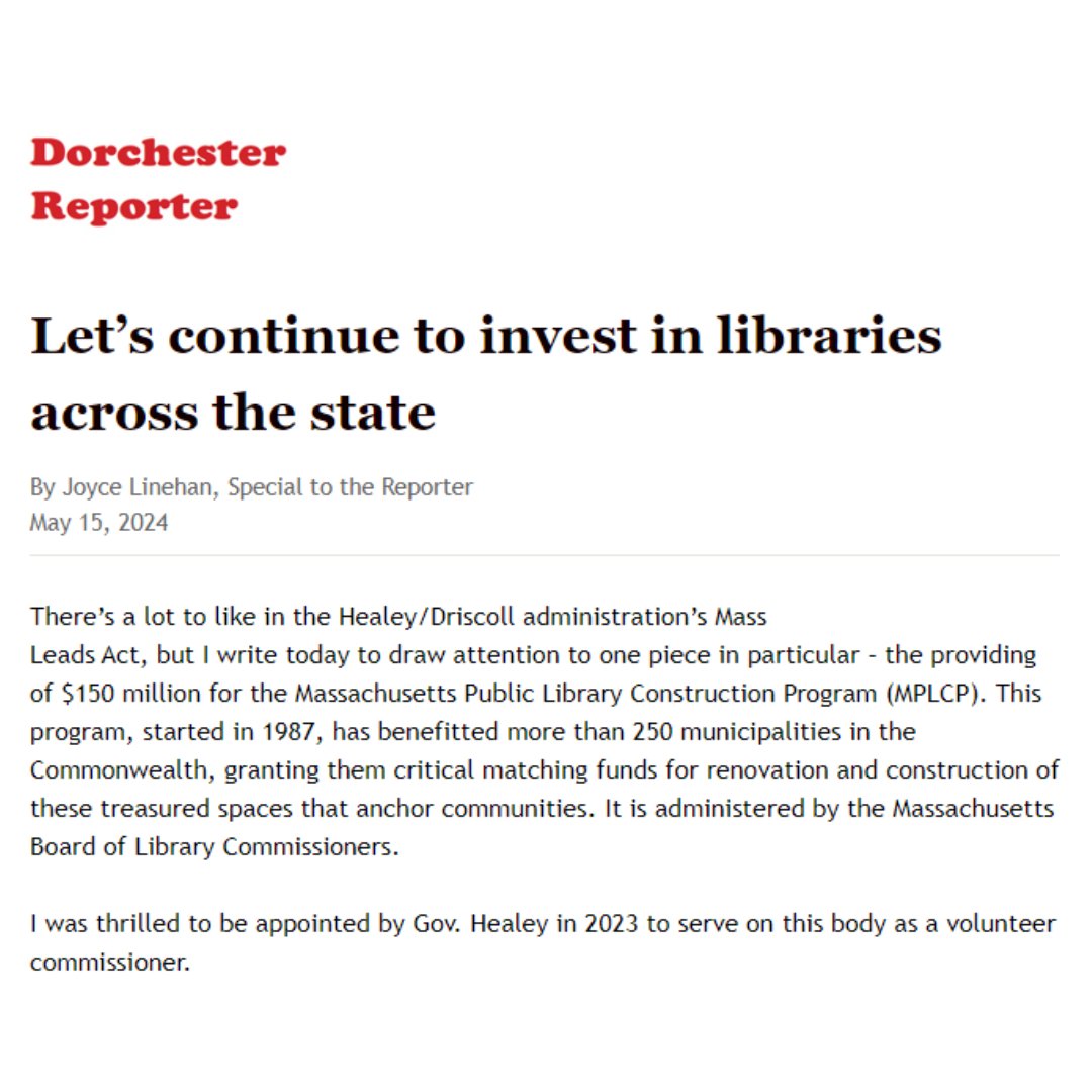 ✨Commissioner Joyce Linehan discusses the impact of libraries and library construction in this article from @DotNews, supporting the Governor's #NewBondForBuildingLibraries View the article at 🔗 dotnews.com/2024/let-s-con…