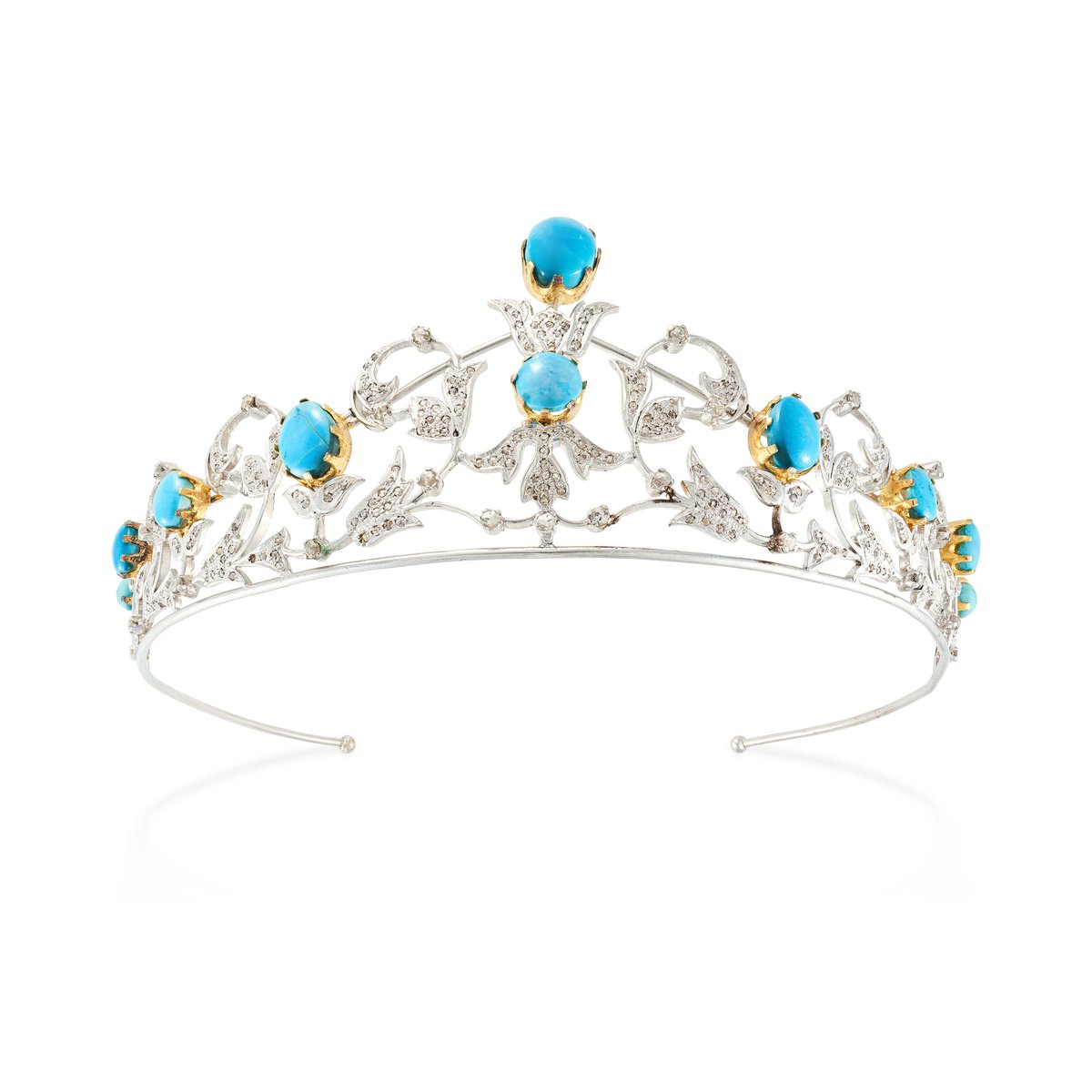 Tiara with cabochon turquoises and rose cut diamonds.
Will be auctioned at Elmwood's on 22 May 2024.