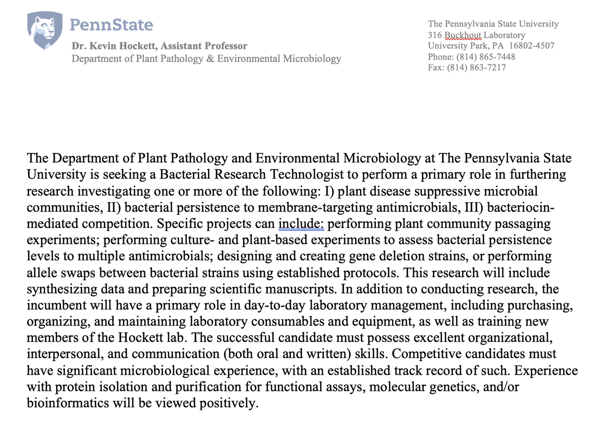 Kevin Hockett (@k_hockett) on Twitter photo 🚨🚨Position available🚨🚨
I'm looking for a lab manager/tech to work on one or more projects (see below for details) - BS or MS req - 1 yr of funding, with high probability for renewal - DM or email with questions - pls RT!
<a href="/huckinstitutes/">Huck Institutes</a> <a href="/PSUmBiome/">One Health Microbiome Center</a> <a href="/psuPPEM/">psuPPEM</a>
<a href="/BMB_PSU/">Penn State BMB</a> 🚨🚨Position available🚨🚨
I'm looking for a lab manager/tech to work on one or more projects (see below for details) - BS or MS req - 1 yr of funding, with high probability for renewal - DM or email with questions - pls RT!
<a href="/huckinstitutes/">Huck Institutes</a> <a href="/PSUmBiome/">One Health Microbiome Center</a> <a href="/psuPPEM/">psuPPEM</a>
<a href="/BMB_PSU/">Penn State BMB</a>