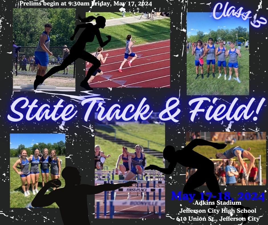 💙☠👟 It's time to make plans for running to Jeff City to watch the Track & Field team at the Class 3 State Meet!  Prelims begin at 9:30a Friday with things wrapping up on Saturday afternoon!  You've got this, Pirates!!!!  Good Luck to @braylonellison , Rhodes Leonard, Luis