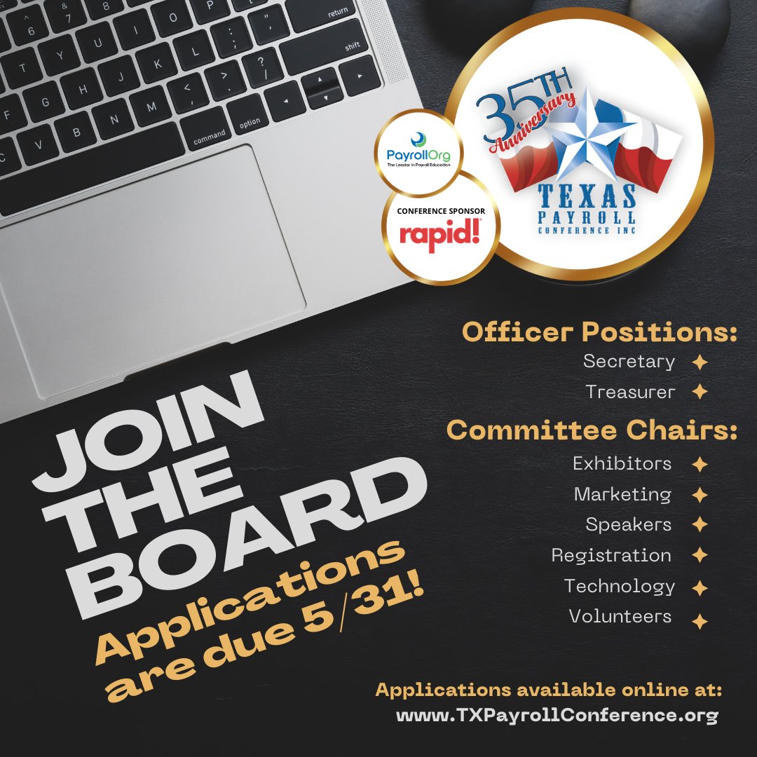 TPC will have upcoming positions on our 2025 Board of Directors and Committees.  If you are interested in joining, please go to our website TXPayrollConference.org for the application.

#JoinTheBoard #Officers #Committees
