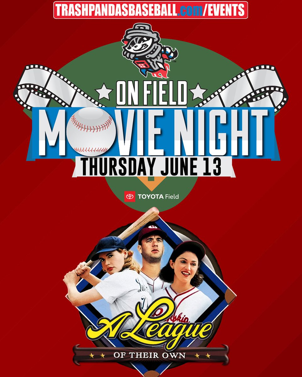 Trash Pandas On-Field Movie Nights are back again this summer, leading off with 'A League of Their Own' on June 13th! Gates will open at 6 PM, showtime is at 7, and it's TOTALLY FREE! Fans can bring either blankets or towels to sit in the outfield. 🎬 trashpandasbaseball.com/events