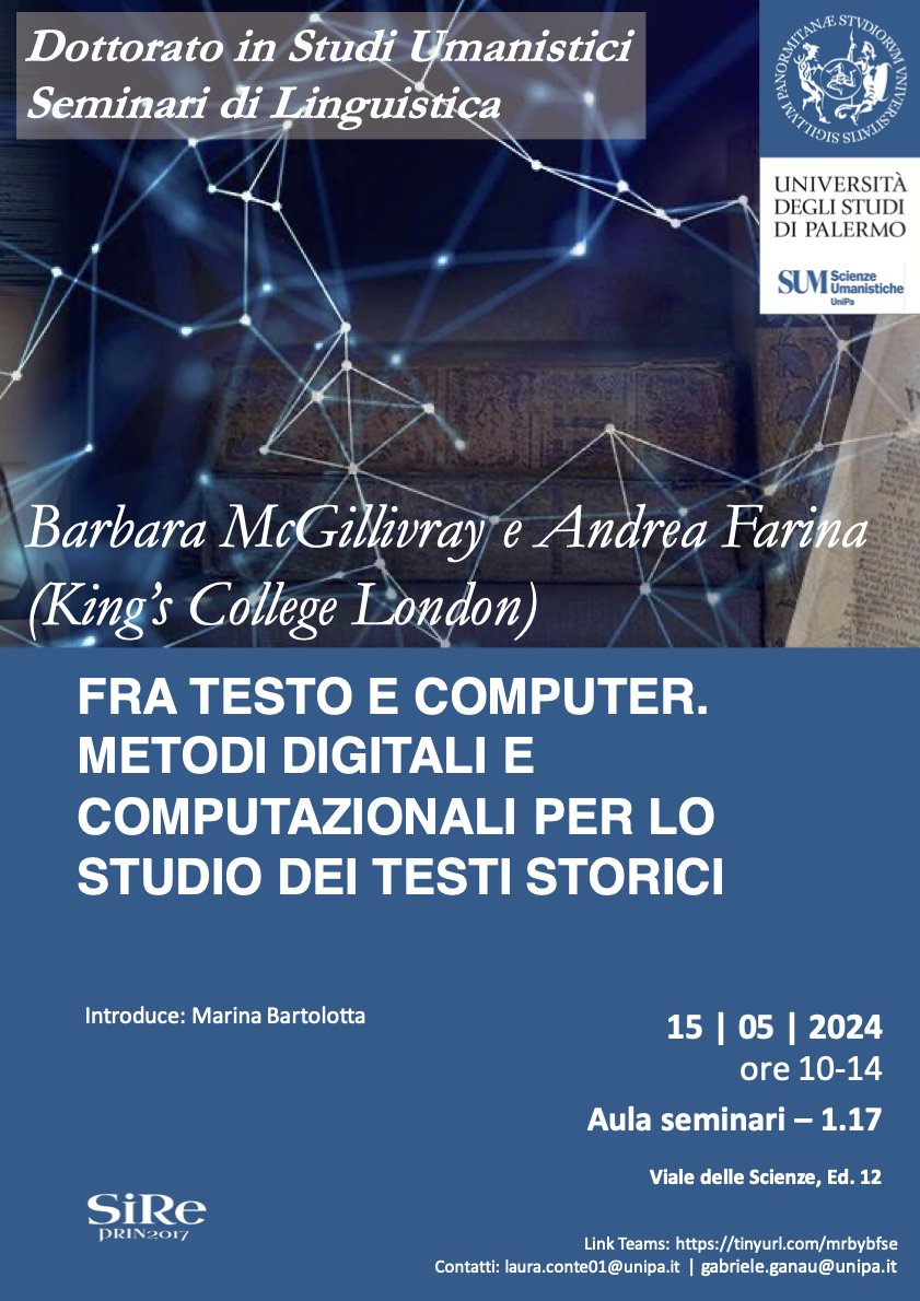 Honoured to have been invited to present on digital methodologies and my PhD project at @unipa_it today!  
An honour also to speak next to @BarbaraMcGilli!

#Data #DigitalHumanities #Linguistics