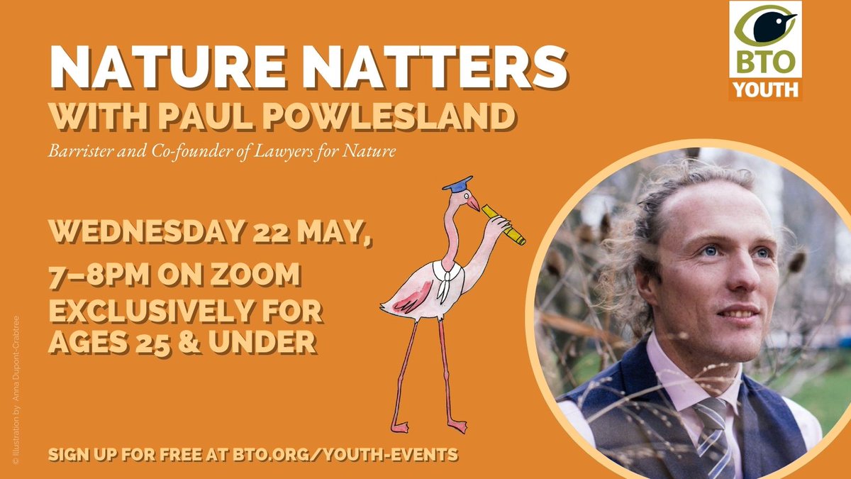 🎉 Brand new Nature Natters starts next week. 🎉 #BTOYouth will be chatting with Paul Powlesland, Barrister and Co-founder of @LawForNature, on Wednesday 22 May 7-8pm. 😀 Book a place ➡️ bto.org/NN-paul-powles… Events take place on Zoom & are open to those under 25 years old.