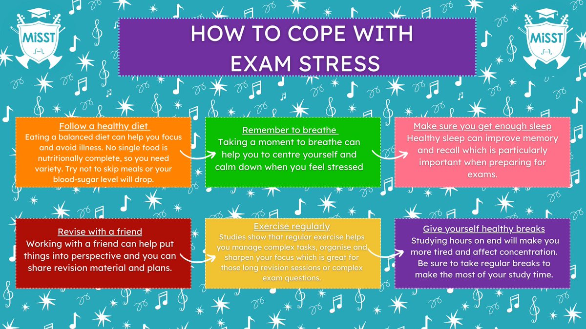 With A-Levels and GCSE's over the next few weeks for many, here are a few ways to help manage exam stress 🧘‍♂️ #WellbeingWednesday #YoungMusicians #MusicEducation #MentalHealthAwarenessWeek