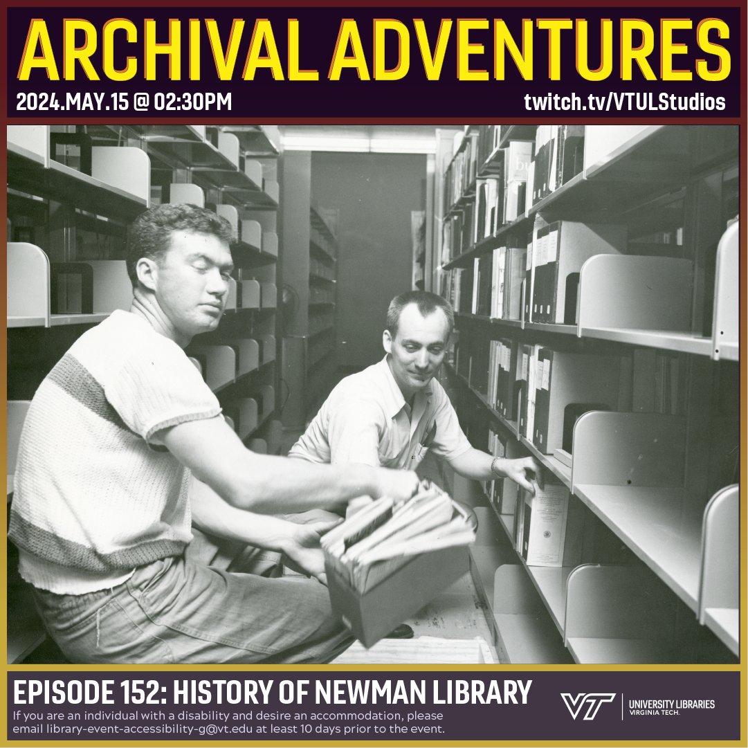 Time for an adventure! This week Archivist Anthony travels into the history of Carol M. Newman Library - where we film #ArchivalAdventures live! Come learn about the history of @virginia_tech's library! Join us today on #Twitch at 2:30 p.m. 👉 twitch.tv/VTULStudios