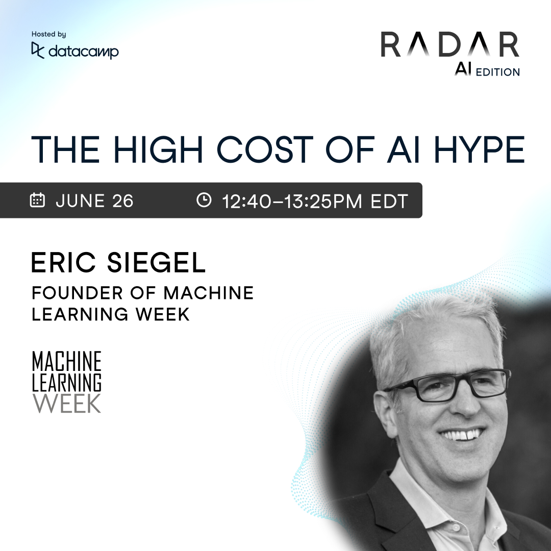 I’m thrilled to be speaking at @DataCamp RADAR: AI Edition, June 26-27, a free virtual conference. I'll be discussing the high cost of AI hype and how practical ML projects -- aka #predictiveAI projects -- differ from your #generativeAI initiatives. datacamp.com/radar-ai-2024