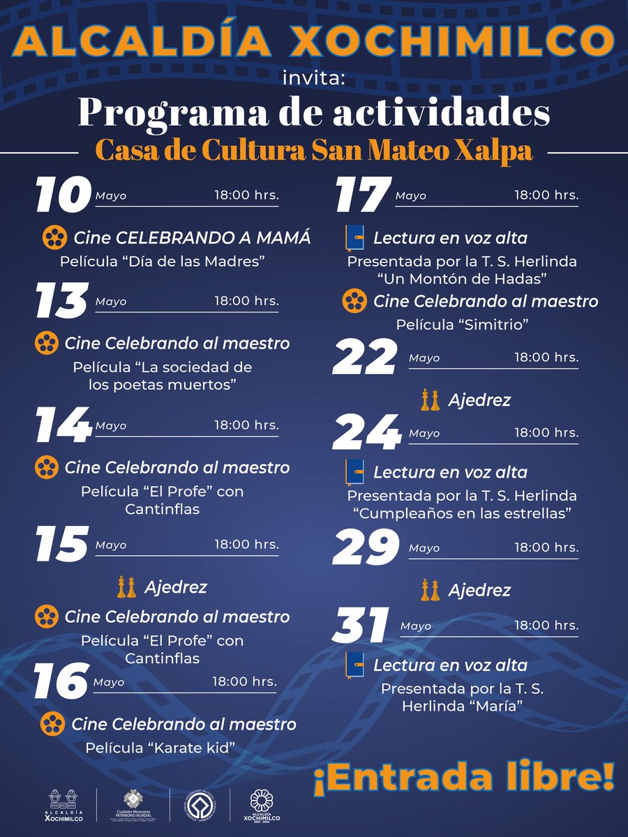 📌Checa todas las actividades que ofrece la Casa de Cultura de San Mateo Xalpa durante este mes de mayo. ¡No te pierdas ninguna! #EntradaLibre