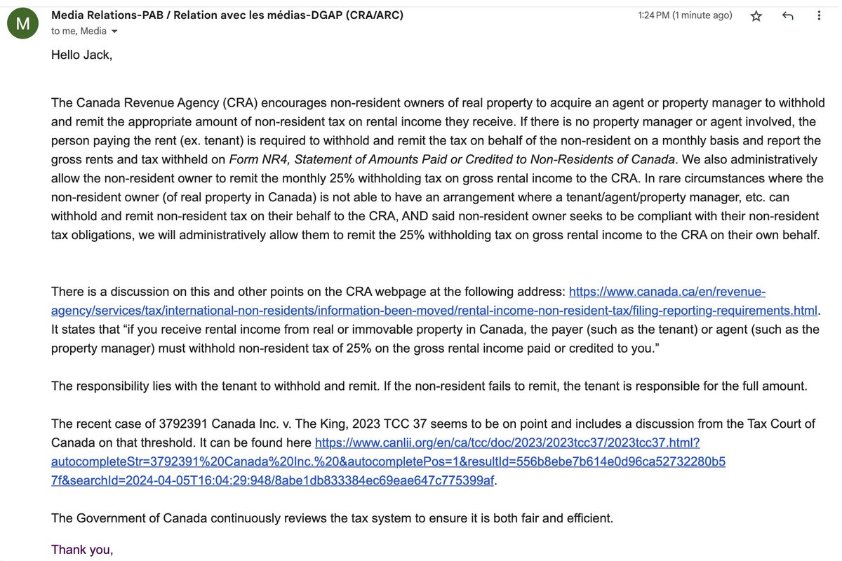 The CRA confirms that tenants are responsible for withholding 25% of their foreign landlords' rent and paying it to the CRA — something almost no one was aware of a month ago. 'The Government of Canada continuously reviews the tax system to ensure it is both fair and efficient.'