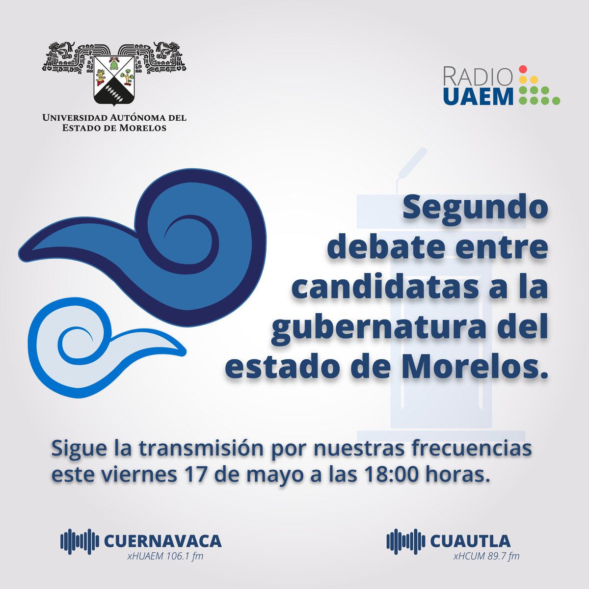 Sigue la transmisión de @radiouaem 📻 hoy a las 18 horas por las frecuencias 106.1 en Cuernavaca y Jojutla, y 89.7 en Cuautla | Consulta la programación en radio.uaem.mx | #SomosRadioPúblicaUniversitaria #UAEM