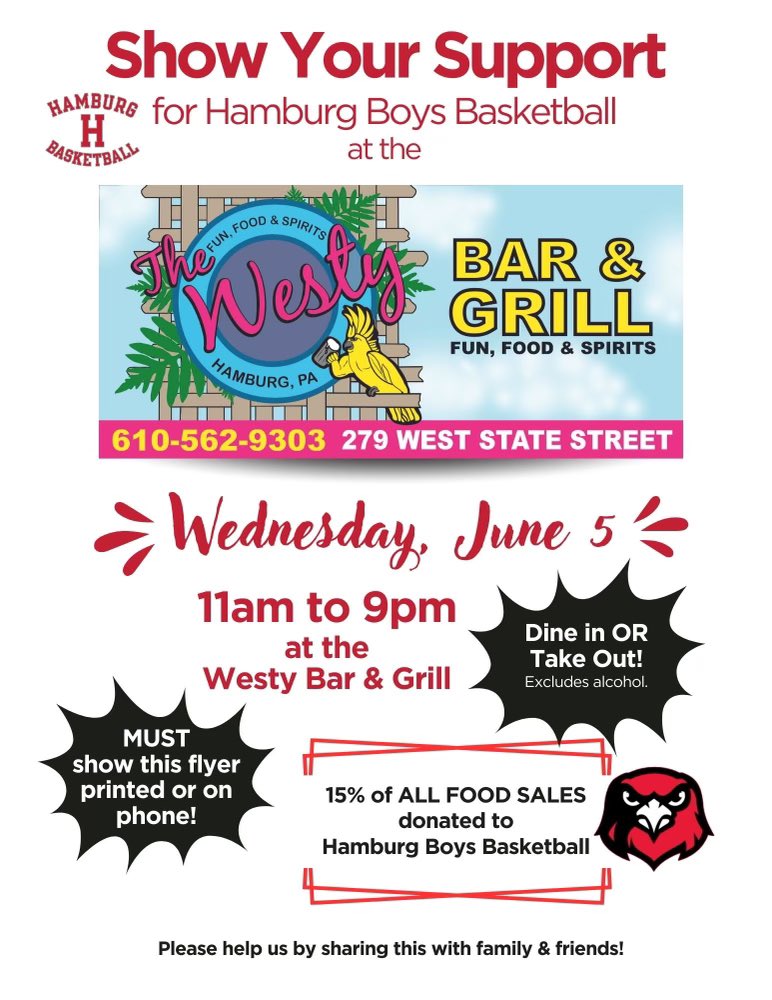 Mark your calendars!!! Lunch, dinner, or both on June 5th at The <a href="/WestybarNgrill/">The Westy</a> This win-win opportunity allows you to support a local business and the Hamburg MS/HS Boys Basketball program. Thank you in advance. ❤️🤍🏀🍔