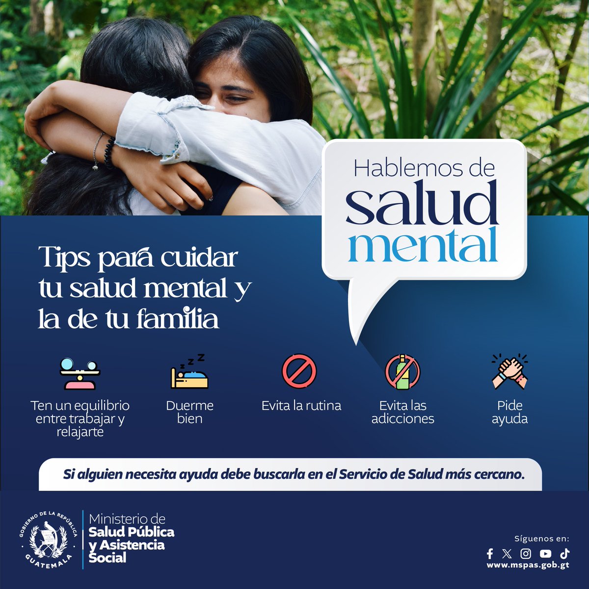 🧠 El cuidado de la Salud Mental es tan importante como el del cuerpo. 💆‍♂💆‍♀ No dudes en buscar apoyo si lo necesitas💪 #MSPAS pone a tu disposición profesionales. Consulta en tu servicio de salud más cercano.
#GuatemalaSaleAdelante