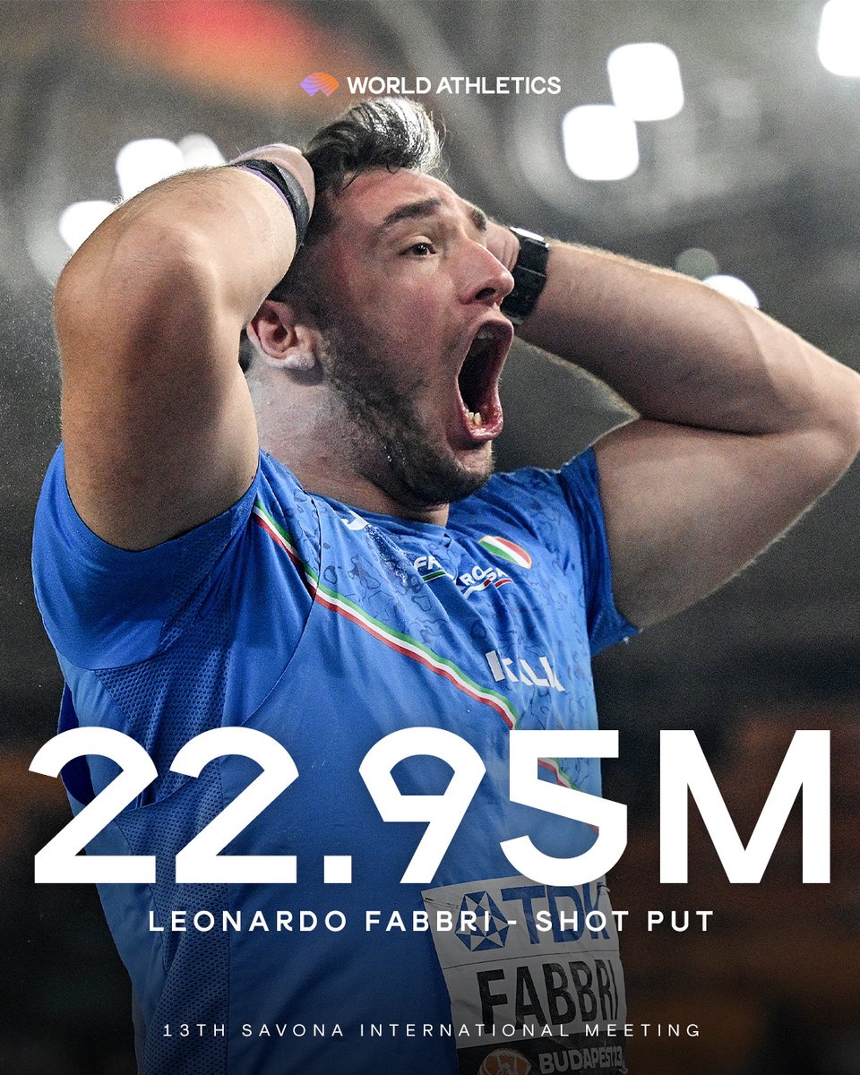 NUMERO UNO AL MONDO 🌎 

@thefabbrino breaks the 36-year-old Italian shot put record in Savona with 22.95m 💪

That’s not just a world lead, but he also moves up to 5th on the shot put all-time list 👀