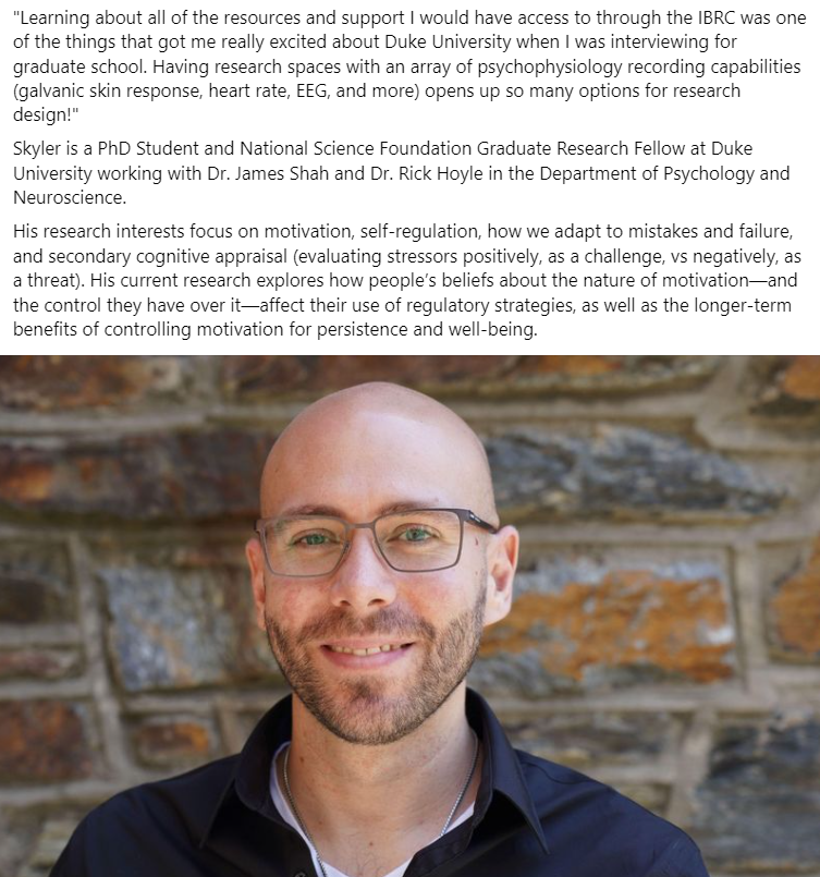 Duke Interdisciplinary Behavioral Research Center (@duke_ibrc) on Twitter photo IBRC Testimonial! <a href="/SkylerWyly/">Skyler Wyly</a> shares insight about learning about the IBRC during grad school interviews. We are happy to be able to provide him and the rest of the Hoyle lab with research support.
(And happy just to see him around - he's delightful to work with!) IBRC Testimonial! <a href="/SkylerWyly/">Skyler Wyly</a> shares insight about learning about the IBRC during grad school interviews. We are happy to be able to provide him and the rest of the Hoyle lab with research support.
(And happy just to see him around - he's delightful to work with!)