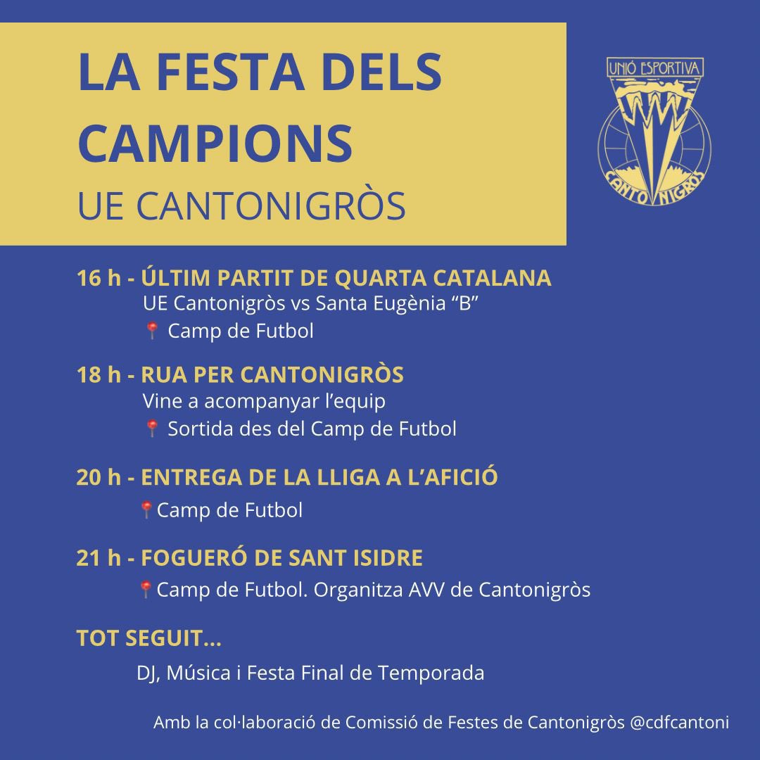 💥 Aquest dissabte 18 de maig, 
GRAN FESTA DELS CAMPIONS!

T’esperem pel partit, la rua, parlaments, el sopar, la festa… 
Vine a celebrar que som campions de lliga i l’ascens a 3a Catalana! 

Fes-ho córrer, t’esperem!

#4cat6 #3cat4 #futbolcat #Osona
