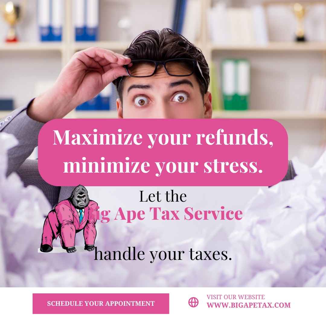 Contact us today for personalized assistance and see how much you can save! 🦍💼

🌐 bigapetax.com

#TaxTime #RefundAlert #IRSInfo #EasyTaxPrep #MaxRefund #TaxTips #ClaimIt #RefundTrack #TaxHelp #FileNow #DeductSmart #RefundJoy #EasyFiling #NoStressTax #SafeRefund