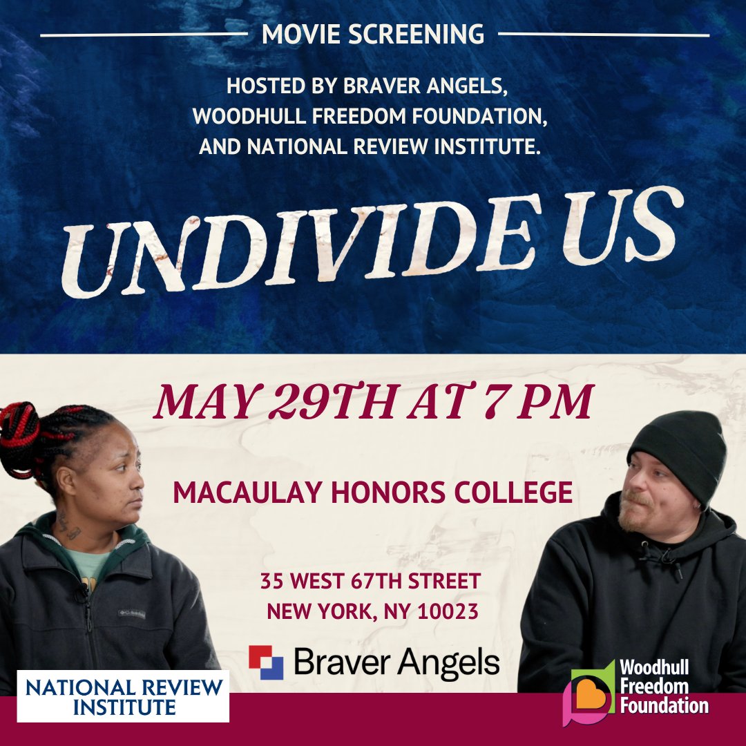 Join us, @NR_Institute, and @WoodhullFreedom in NYC for a screening of @UndivideUSMovie! After the film, stick around for a lively Q&A session with the director @KristiKendall1 and @BenKlutsey of @Mercatus, who is featured in the film. Register here: eventbrite.com/e/undivide-us-…