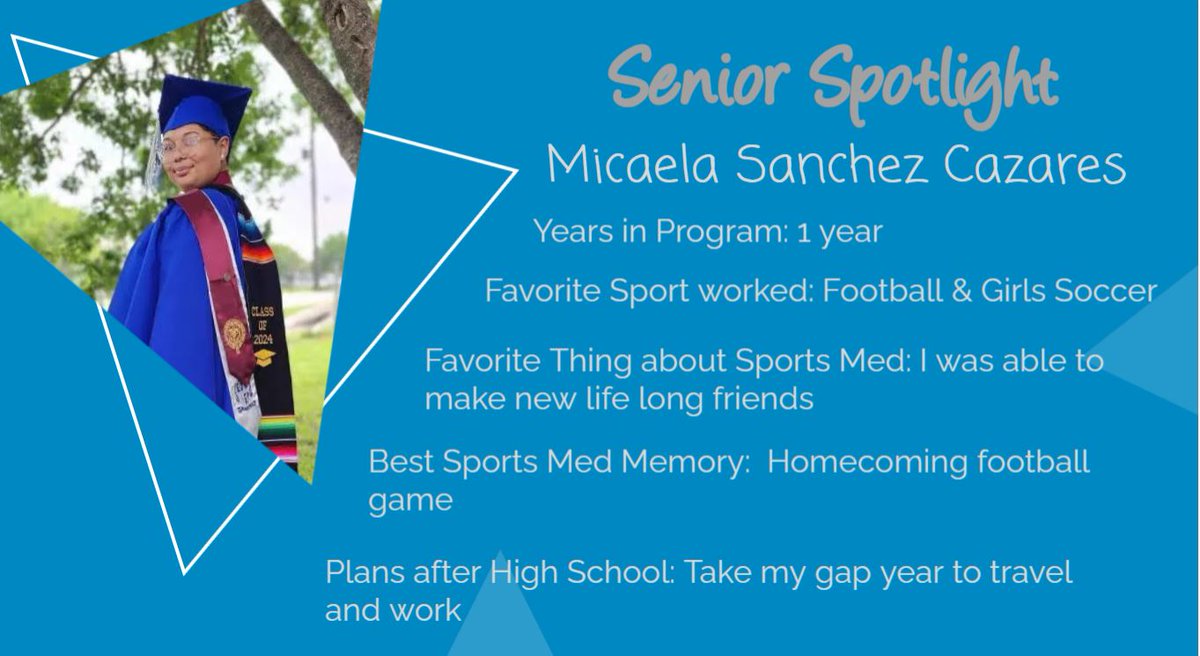 Our next senior spotlight is Micaela Sanchez! She joined the Sports Medicine Program this past year but oh how we wish she had joined sooner! She was a great addition to the program and we look forward to the bright future she has ahead of her!