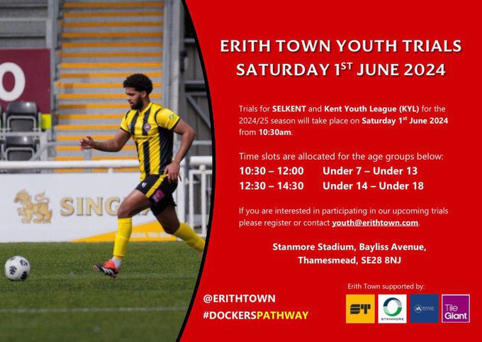 🌟 | YOUTH TRIALS Not long to do now until our @ErithYouth trials for the 2024/25 season! Don’t miss your place on Saturday 1st June! For more information, make sure you email youth@erithtown.com! #UTD #DockersPathway