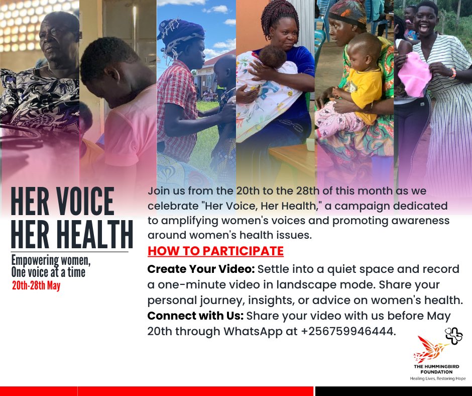 Here is something from us at @HummingbirdUg aimed at promotion and improvement of Women's Health. Join the 'Her Voice, Her Health' campaign and take part in causing change. Kindly follow the simple steps below to participate #HerVoiceHerHealth