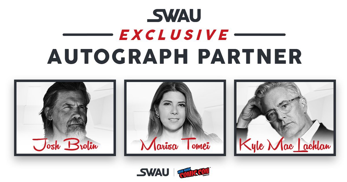 SWAU is proud to announce that we will be conducting exclusive autograph signings with Josh Brolin, Marisa Tomei, Kyle Maclachlan and 30 other BIG names! We are excited to partner with New York Comic Con once again to bring these stars to meet fans in NYC!

Joining them will be