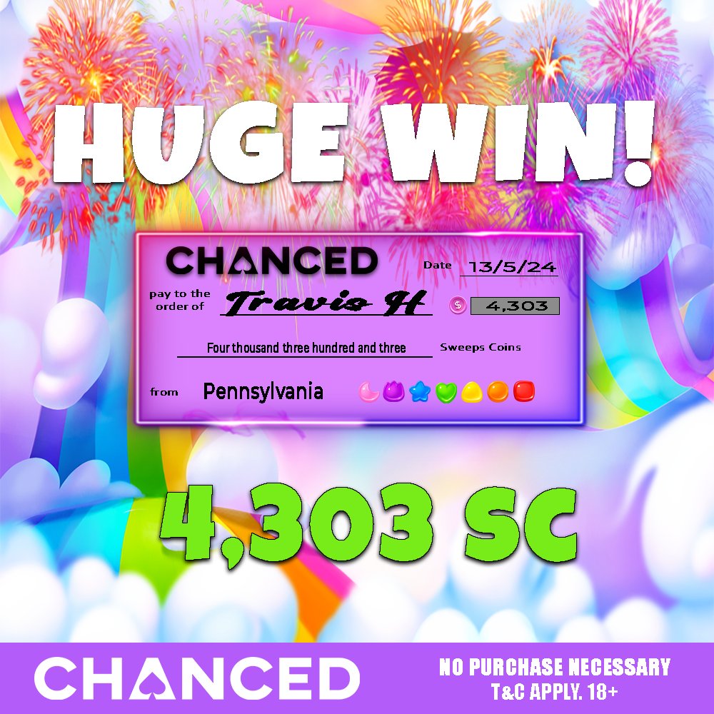 Another BIG WIN from Pennsylvania scored 4,303 SC!🚀Congratulations Travis! 🔥 In celebration we’re awarding 5 SC to 3 people!🤝 All you have to do is congratulate him below and leave your chanced username! 🎉 Must LIKE + RT this post 👊🏻 And be following our Twitter!🌟 GOOD