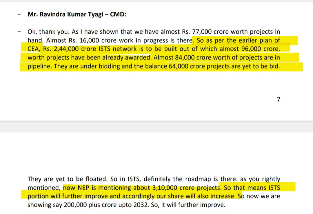 PowerGrid Q3 concall

●  Earlier CEA Transmission plan was 2.44 lakh Cr.

96k Cr project already awarded
84k Cr projects in pipeline &
64k Cr projects to be bid

Now that number has increased from 2.44 lakh Cr to  3.1 lakh cr = So 66k cr increase 

+ if you include inSTS capex