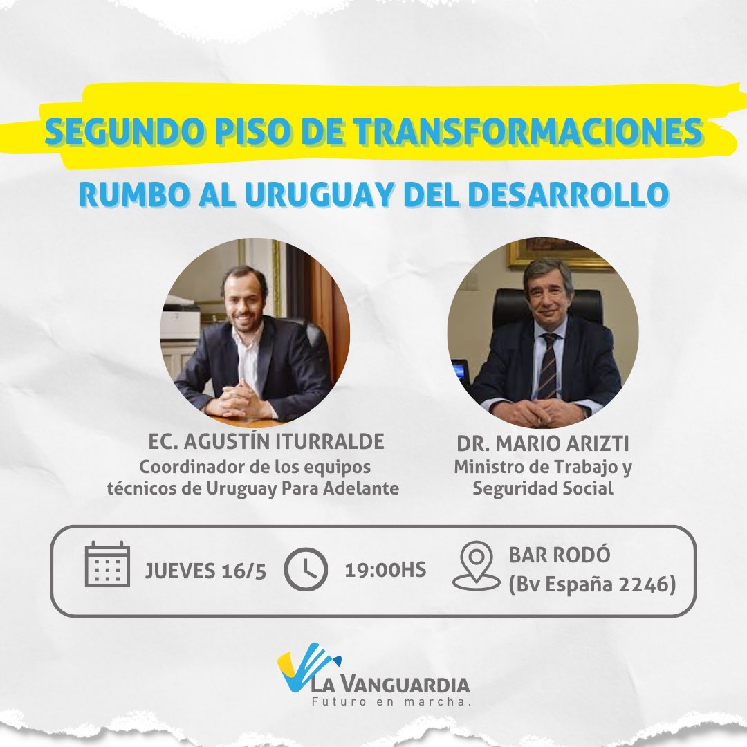 Hace unas semanas @AlvaroDelgadoUy presentó su programa de gobierno. Mañana a las 19 hs nos juntamos con el director de sus equipos técnicos @Itu_Agustin y el Ministro de Trabajo Mario Arizti para intercambiar sobre el segundo piso de transformaciones. No te lo pierdas!!