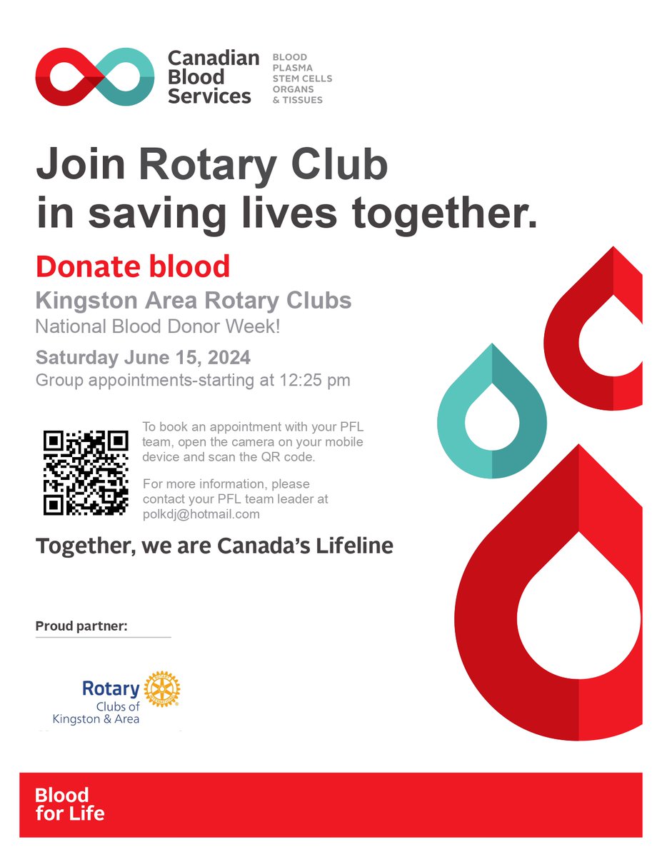 Calling all Rotarians and friends, with National Blood Donor Week coming up June 9-15, Rotary has pre-reserved some appointment times for valued team members to make their donation. 

#rotaryclubofkingston #kingstonrotary #rotaryinkingston #rotaryclub #blood #blooddonor