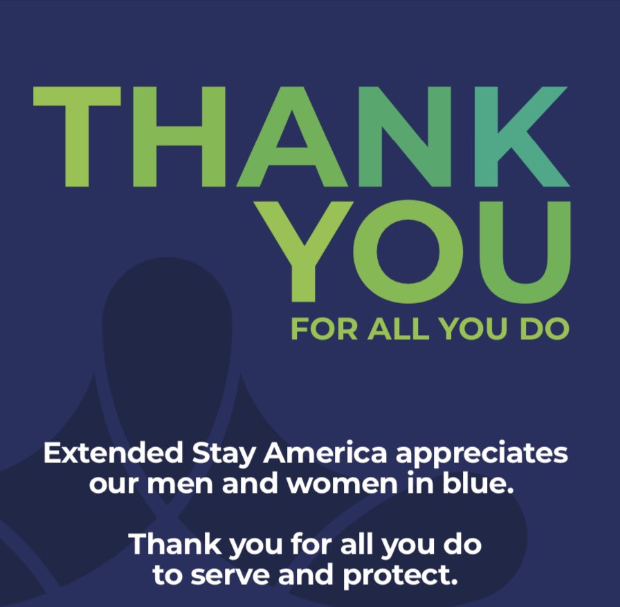 During this National Police Week, @ExtendedStay America hotels is showing appreciation to the flaw enforcement community. We don't say thank you often enough for your service, but we're saying it loud and clear this week. #ESATHANKSTHEBLUE