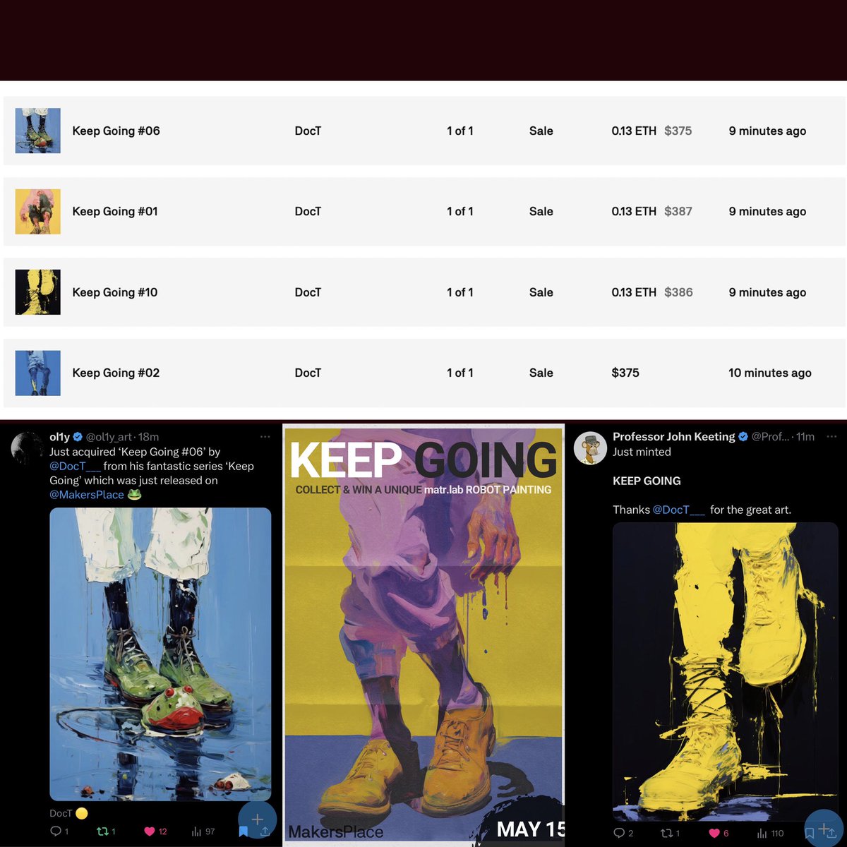 🚨 KEEP GOING IS LIVE 🚨 

👉 4/10 unique artworks minted within the first 10 minutes! 

I greatly appreciate the enthusiasm for my work and everyone understanding what this collection has to say.

🖼️ One piece comes with a physical @matr_lab twin
⭕️ Reveal after mint-out