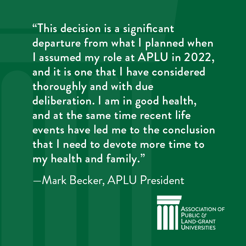 APLU (@aplu_news) on Twitter photo APLU President Mark Becker today announced he will depart the association at the end of 2024.
Read the full statement: aplu.org/news-and-media… APLU President Mark Becker today announced he will depart the association at the end of 2024.
Read the full statement: aplu.org/news-and-media…