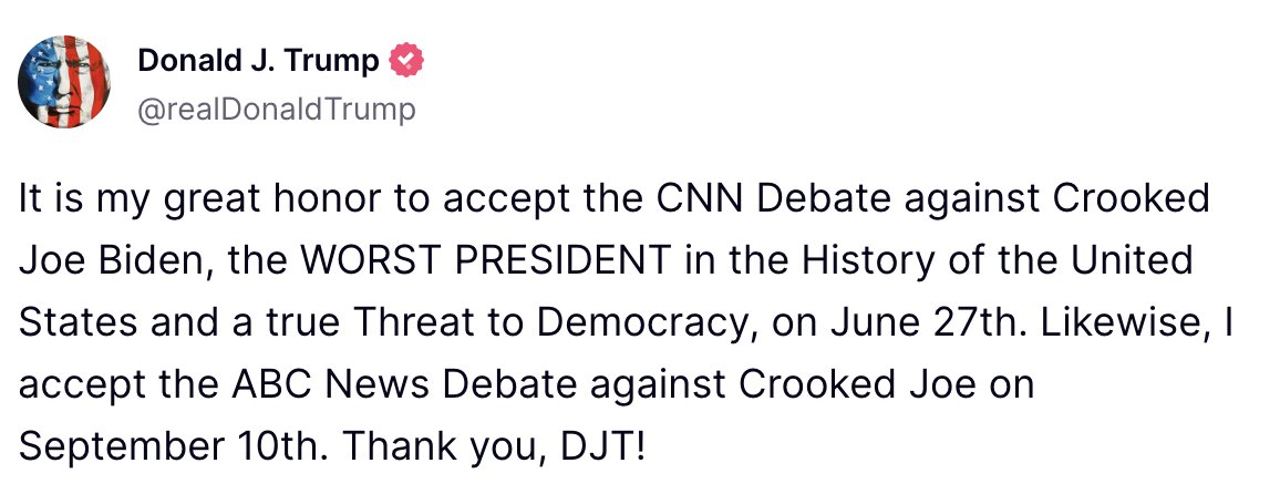 ICYMI: President Trump has now committed to THREE debates with Crooked Joe Biden on @CNN, @ABC and @FoxNews