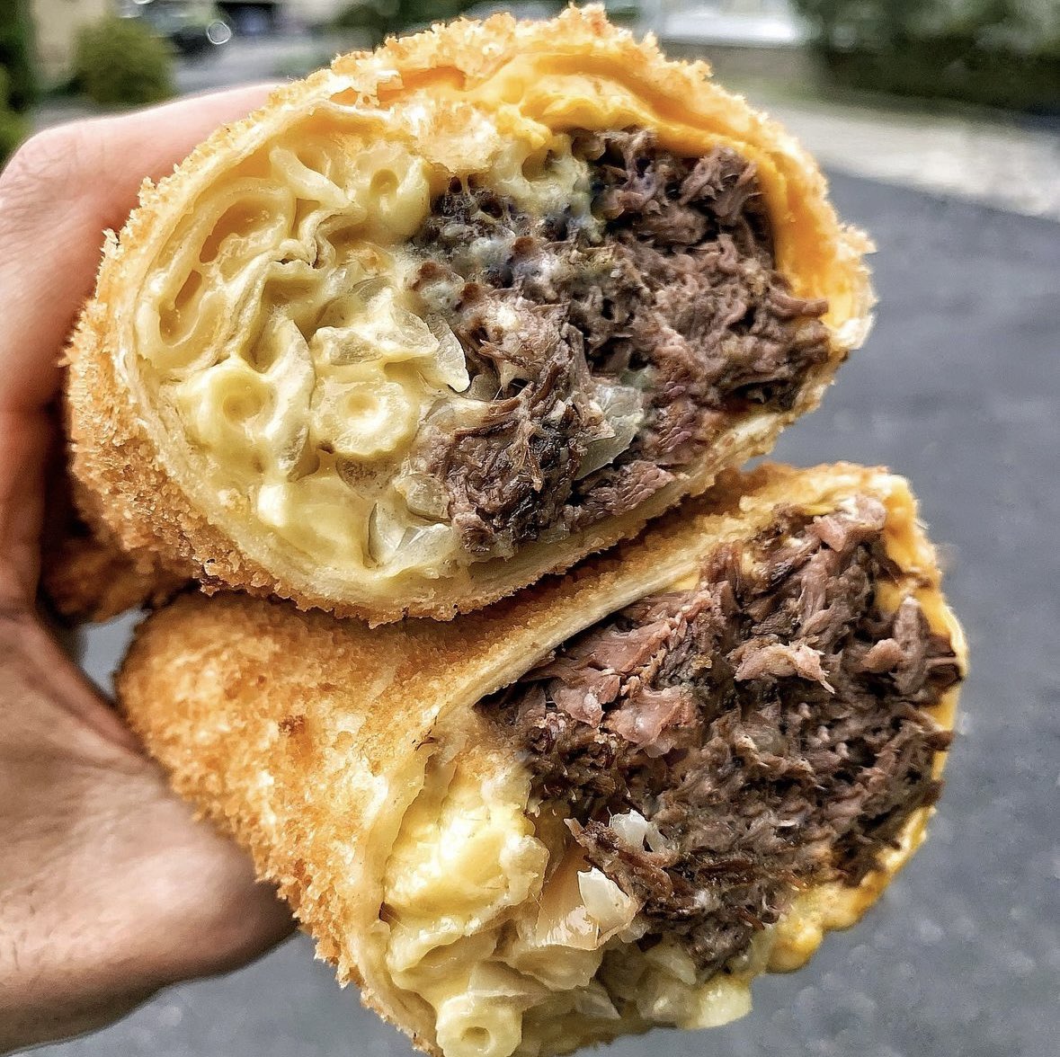 Eat or pass? ~ Short Rib + Mac & Cheese wrapped and Deep Fried 🌯 🌯 🌯