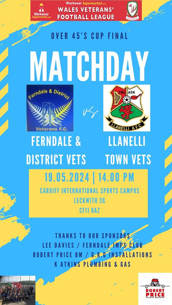🟦🟨⚽️45s Cup Final⚽️🟨🟦

Cup Final this Sunday for our 45’s
Same strong opponents as last years final, hopefully we get a win this time around

⚽️<a href="/LlanelliV/">Llanelli Town AFC Veterans</a>
🗓️Sun 19th May 24
⏰2pm KO
🏟️Leckwith Sports Campus 3G pitch 

Follow the game on Cymru app
Or via <a href="/WalesVets/">Wales Vets Football</a> updates