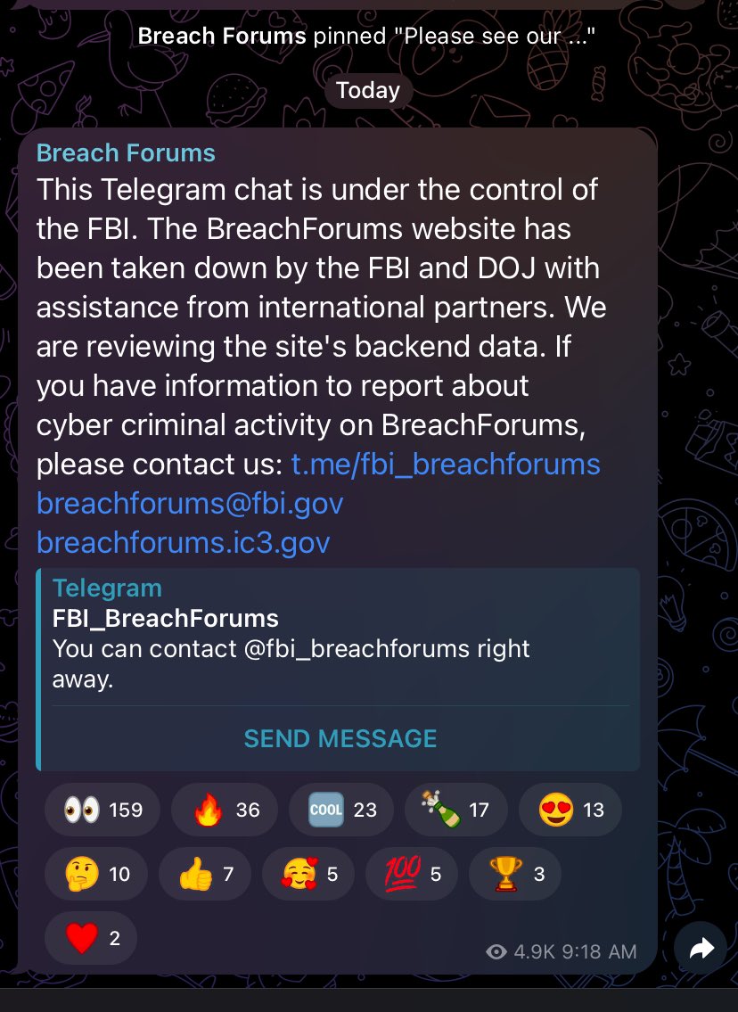 #BREAKING 🚨

#BreachForums a black hat cybercrime forum which has been used by various threat actors to attack various national infrastructure hotspots around the world was seized by the FBI this morning 

Both the clear net site and the “official” telegram. 

#cybersecurity