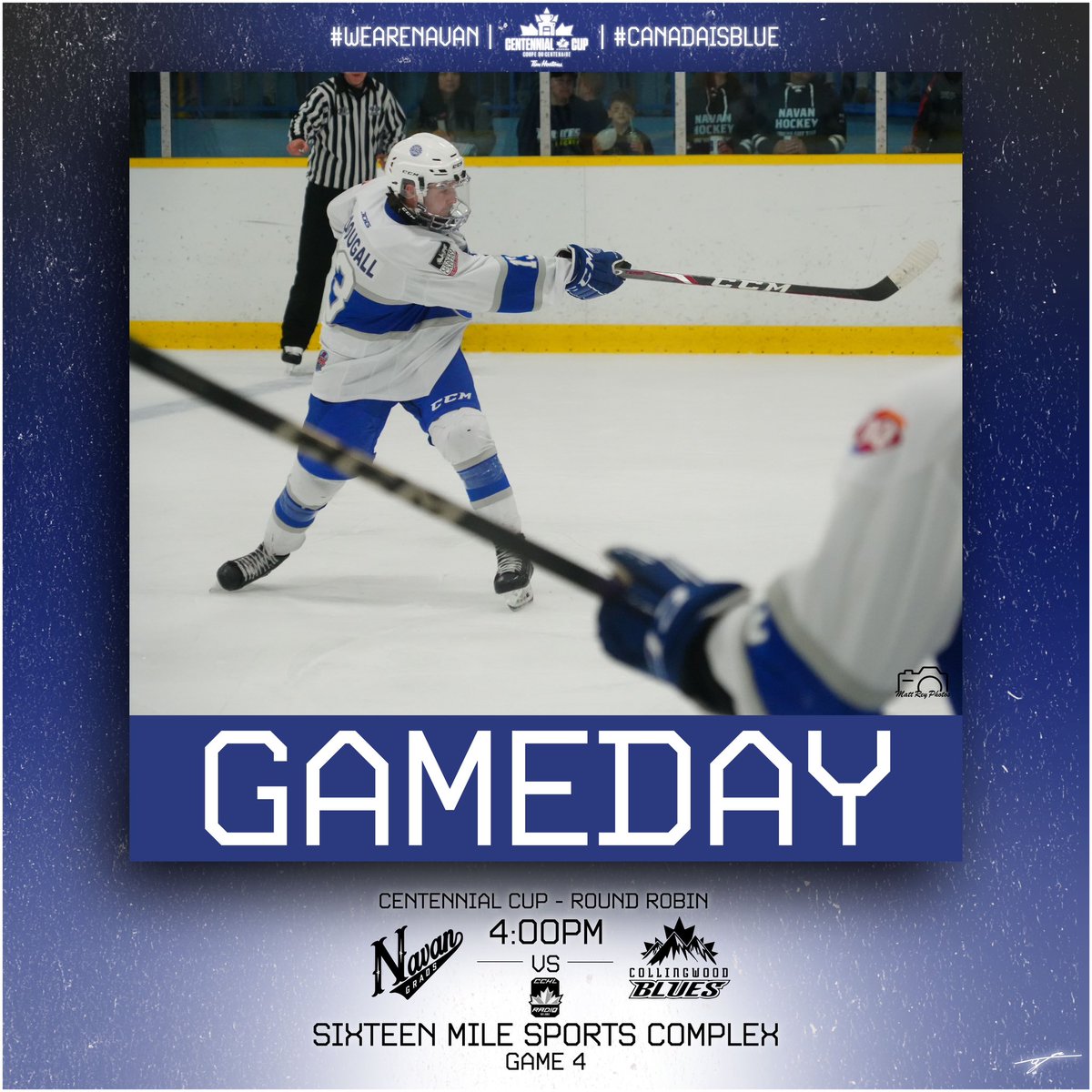 🔵⚪️ CENTENNIAL CUP GAMEDAY⚪️🔵 It’s Gameday as the Grads close out the round robin with a huge bout against the Collingwood Blues at 4:00! Tune in at CCHL Radio with Tyler Cyr and Josh Primeau #gameday #gametime #navan #hockey #playoffs #wearenavan #canadaisblue #ottawa