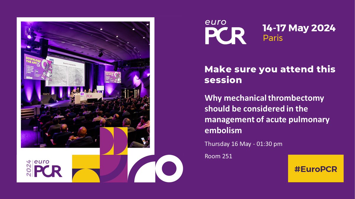 Interested in exploring mechanical thrombectomy for pulmonary embolism🫁: evidence, eligible patients and implementation? Join us today at 13:30 in room 251 for an exciting session at #EuroPCR!