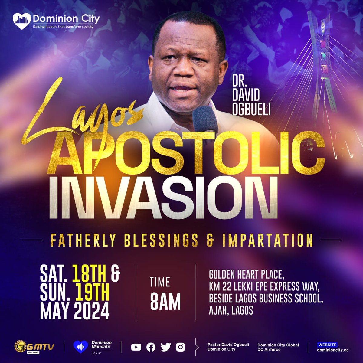 Fathers are carriers of Blessings, Graces & Inheritances of a family.

Lagos & SOUTHWEST its your turn to lay hold of destiny and life changing treasures. 

3 days to go! Dont miss this weekend.

#dominioncity #pastordavidogbueli #apostolicinvasion #southwestnigeria #lagosnigeria