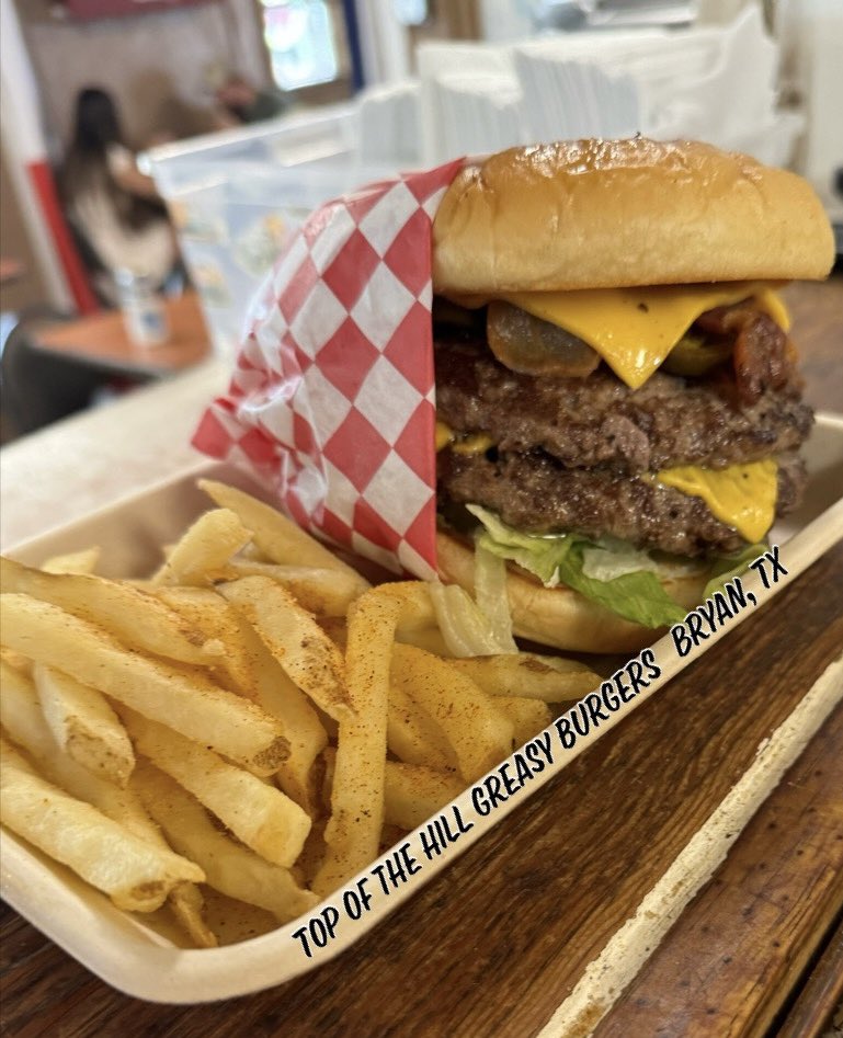 Time to eat yall! #cheeseburgers #cheeseburger #_top_of_the_hill_ #greasyburgers #greasy #hamburger  #burgerandfries #burgerlovers #homemadeburger #delish #burgersarelife #burgerofinstagram #burgerlife #bestintown #bcs #tx #familyowned #eatlocal #lunch #wednesday #letseat