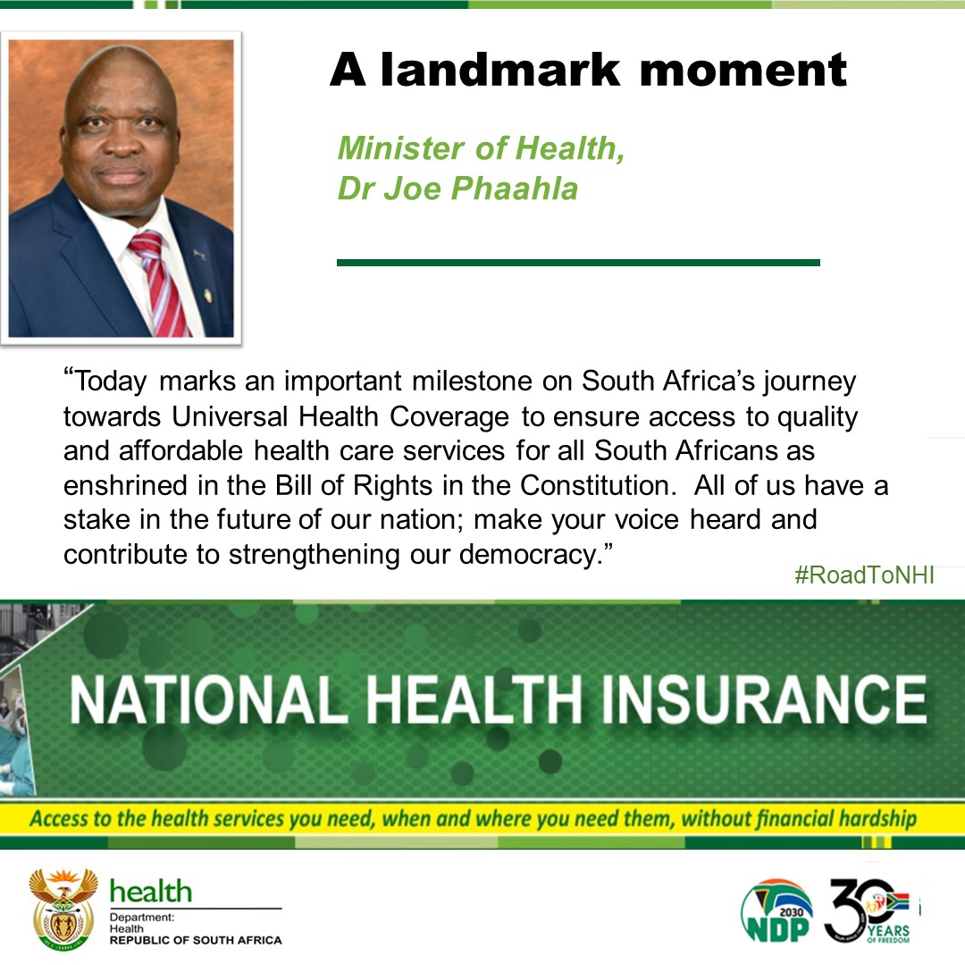 Today marks an important milestone on South Africa's journey towards Universal Health Coverage, to ensure access to quality and affordable health care services for all South Africans. #RoadToNHI