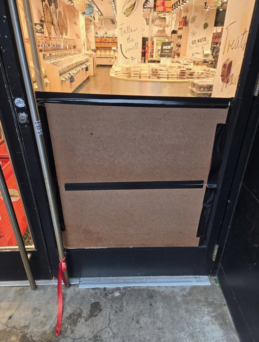 Jewish businesses have windows smashed in NYC by anti-Israel activists. Rothschild TLV restaurant and Nuts Factory candy store were targeted. Stickers left on their doors called for an end to ‘Occupation.’ 📸 @ManhattanMingle