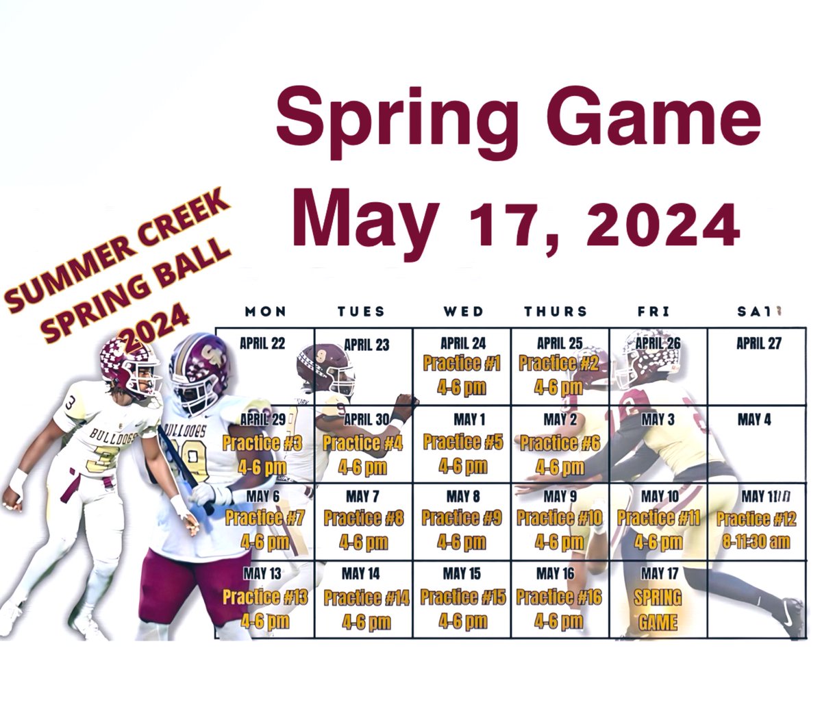 Summer Creek 'Maroon / White Game' this Friday. 4:30pm / 6:15pm at SCHS. #ALLIN #txhsfb @HoustonChronHS @dctf @SC_BulldogFB @HumbleISD_SCHS