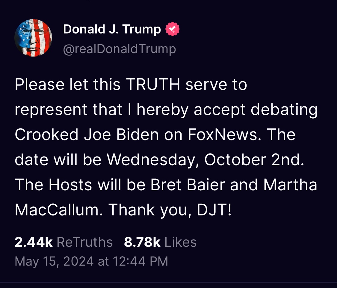No. Trump doesn't have aphasia or dementia. He's not subdowning and he isn't hallucinating. 

He's merely accepted an invitation to debate the President, that isn't happening, that Biden wasn't invited to, and that Fox hasn't made 🤪