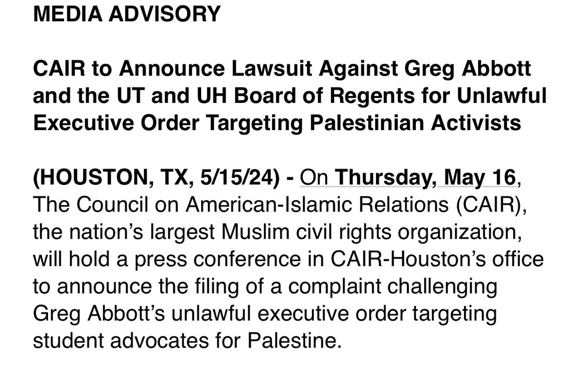 #NEW: The Council on American-Islamic Relations (CAIR) is suing @GregAbbott_TX, and the UT and UH Board of Regents for Gov. Abbott’s March executive order, which orders universities to evaluate free speech policies, specially naming groups like PSC as potential targets.